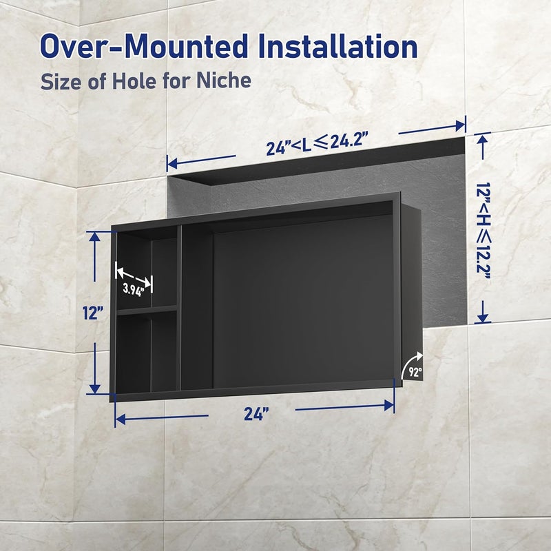 Bernkot  niche دش من الفولاذ المقاوم للصدأ 24" × 12" باللون الأسود غير اللامع بدون حاجة لبلاط، niche دش أفقي مع رف، niches جدارية مدمجة لتخزين الحمام - Image 2